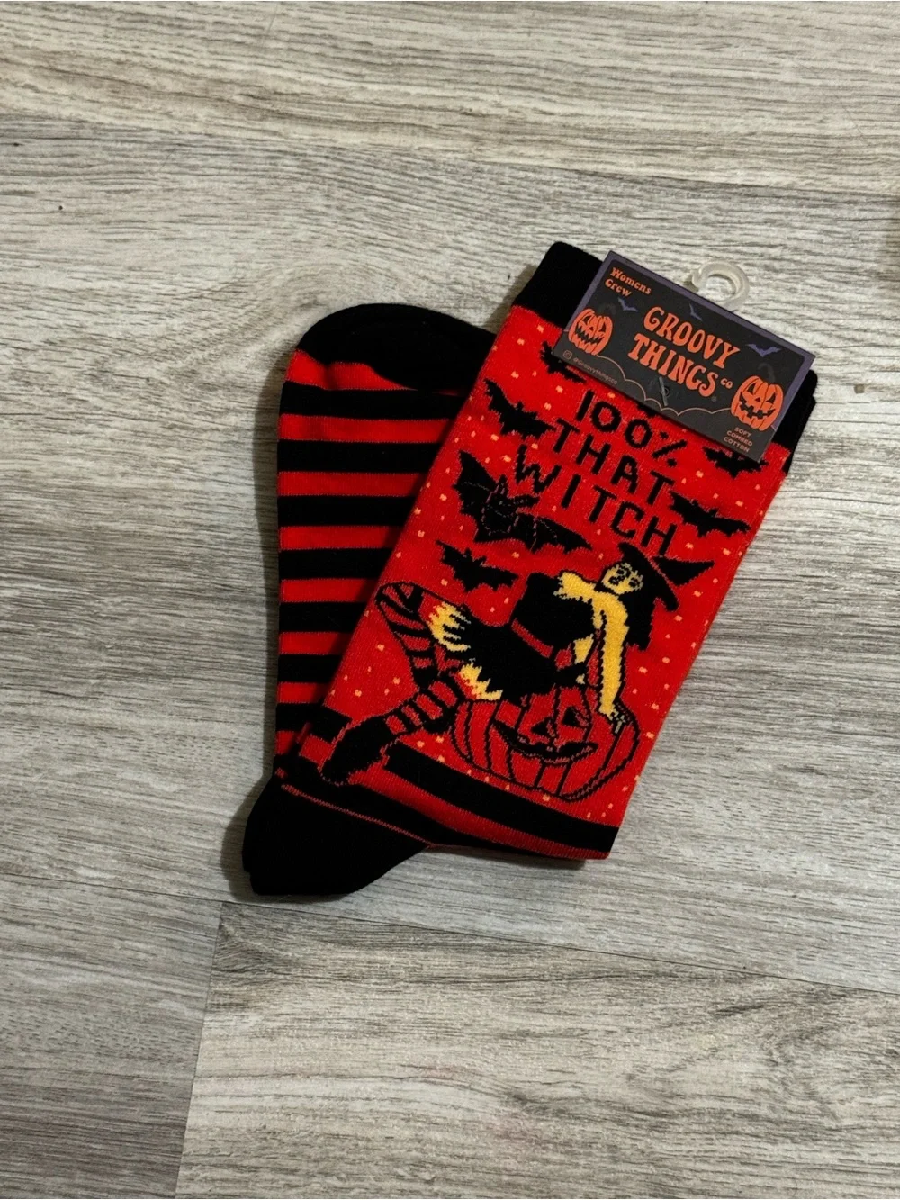Halloween Witch Novelty Crew Socks — Orange & Black